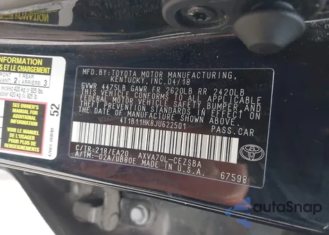 2018 Toyota Camry Se z USA, uszkodzony, nr VIN 4T1B11HK8JU622501